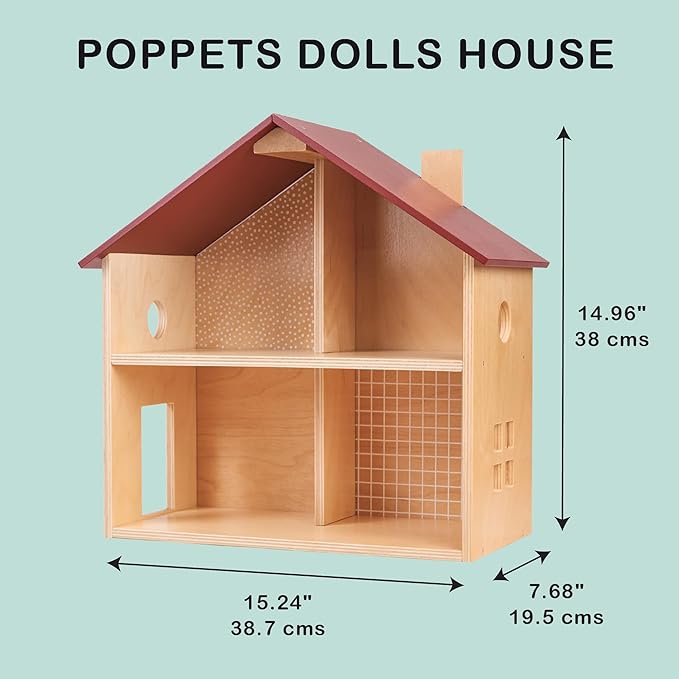 Mentari Toys - Poppets Dollhouse - Fully Furnished Open-Style Wooden Dollhouse with Windows & 4 Rooms - Compact House for Dolls - Great for Imaginative Play, Skill Development & Storytelling - Age 3+