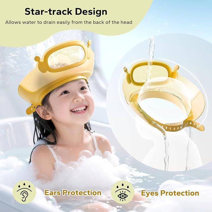 FUNUPUP Baby Shower Cap Toddler Hair Washing Shield Adjustable Bath Visor for Kids Shampoo Hat with Eyes Ears Cover 1-15 Years Boys Girls Essentials for Bath Time, Yellow