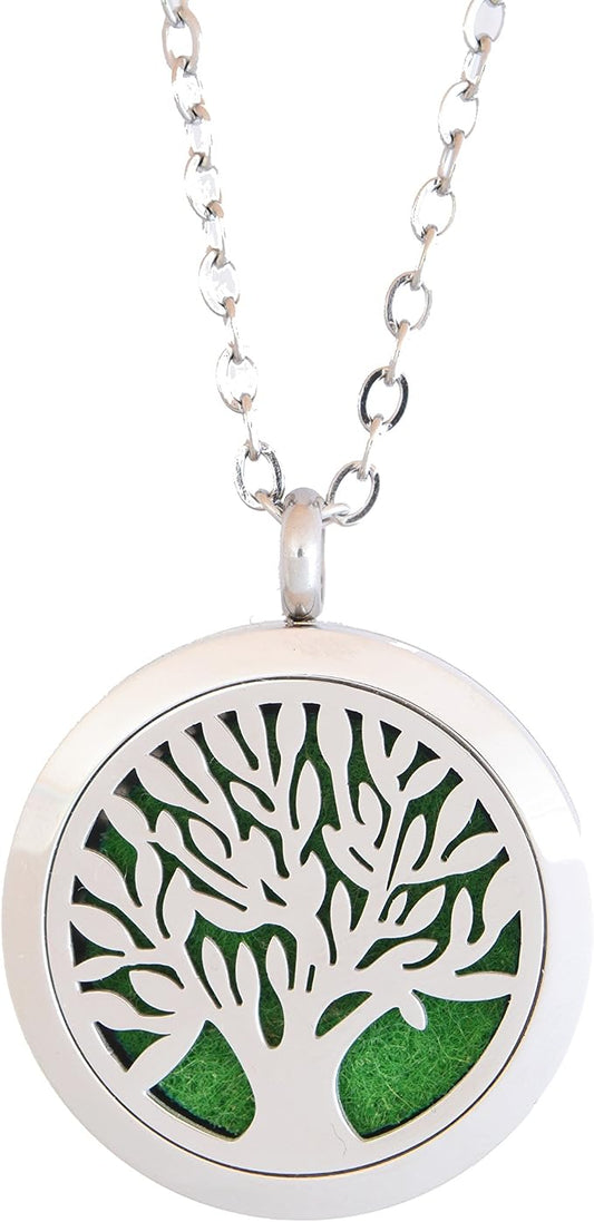 Aromatherapy Essential Oil Diffuser Stainless Steel 30MM Silver Magnetic Locket Pendant with Chain Necklace and Colored Refill Pads & Diffuser Bracelet All in a Velvet Bag (Tree of Life)