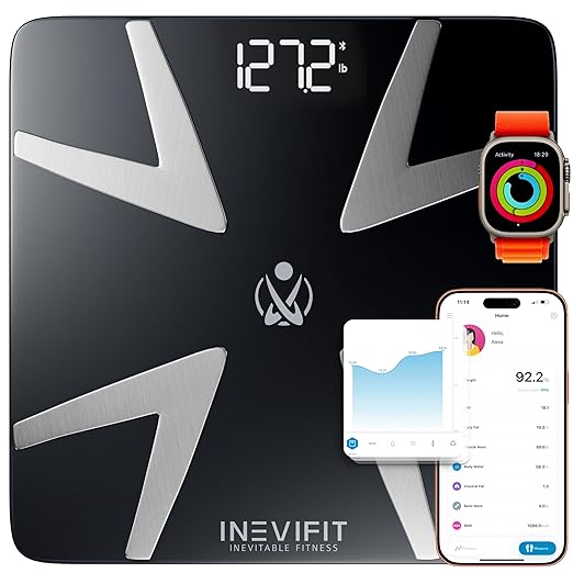INEVIFIT Smart Body Fat Scale, Highly Accurate Bluetooth Digital Bathroom Body Composition Analyzer, Measures Weight, Body Fat, Water, Muscle, BMI, Visceral Fat & Bone Mass for Unlimited Users
