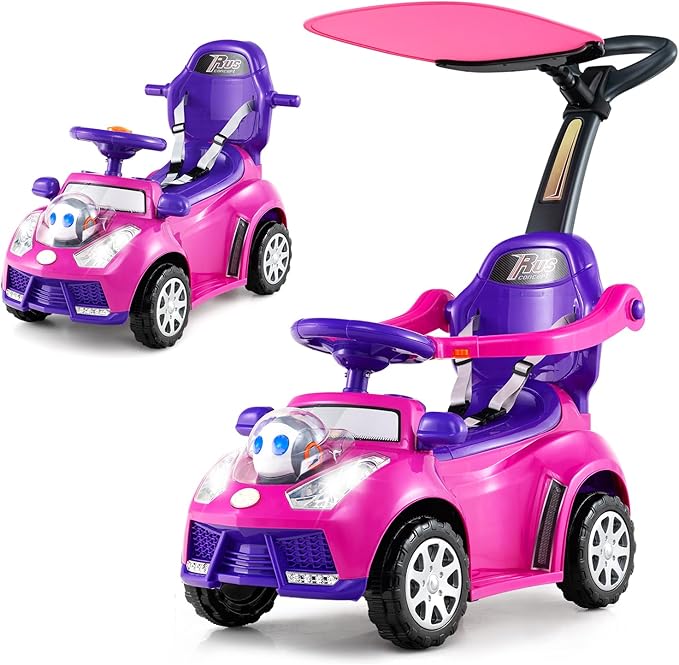 Costzon Push Car for Toddlers, 3 in 1 Stroller Sliding Walking Car with Handle, Canopy, Seat Belt, Horn, Music & Lights, Under-Seat Storage, Guardrail, Foot-to-Floor Ride On Toy for Boys Girls (Pink)