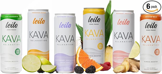 Leilo | Kava Powered Sparkling Relaxation Drink | Variety Sampler 6-Pack - Non-Alc Calming Beverage - Includes (3) Classic & (3) Mocktail Flavors | 12 fl oz Cans (Pack of 6)