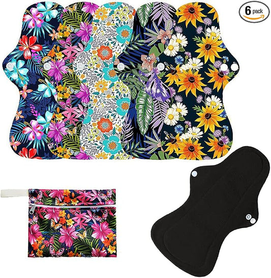 6pcs Resuable Incontinence Pads Resuable Waterproof Resuable Menstrual Pad Sets Including 5Pcs Heavy Flow Menstrual Pads Mama Cloth Sanitary Napkins + 1Pc Mini Wet Bag