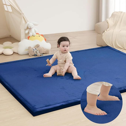 Large 79"x110" Baby Activity Play Mat for Floor,1.3" Thick Elasti Foam Cushion Mat for Tummy Time & Crawling,Non-Slip&Safe for Infants,Toddlers & Kids, for Living Room,Classroom & Playroom（Dark Blue)