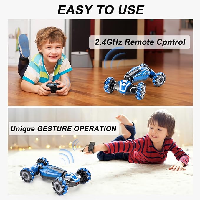 YEMIAI RC Stunt Car, 2.4GHz 4WD Drive Remote Controlled Gesture Sensor Toy Car, Hand Remote Control car with 360° Flipping Light and Music, Children's Toys for Boys and Girls Aged 5-13