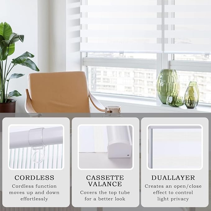 AOSKY Zebra Blinds for Windows Cordless Roller Shades for Home Free-Stop Windows Shades Dual Layer Light Control for Day and Night Easy to Install (42" W X 72" H, White)