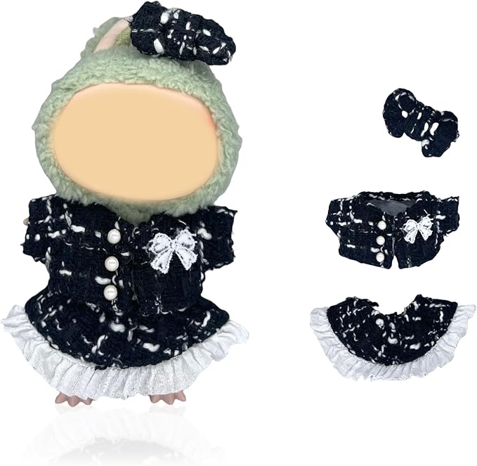 [3 in 1] 17cm Doll Clothes(NO Doll), Cute Dolls Outfit Accessories Luxury Style with Black Tweed Fabric Pearl Buttons & Dress Small Kawaii Clothes Set for Dolls (Style 11)