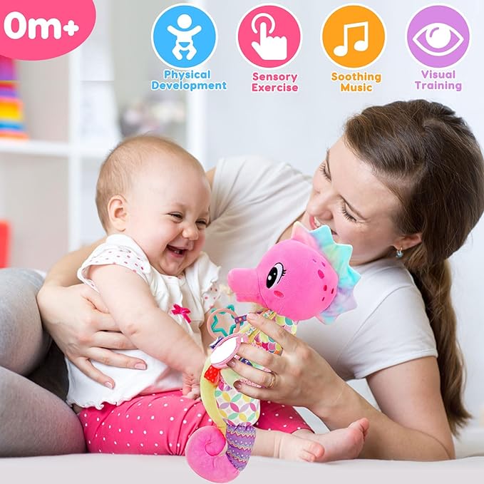 Baby Girl Toys 0-6 Months Musical Seahorse Stuffed Animal Tummy Time Toys for Infant 3-6 6-12 Months with Baby Mirror Sensory Newborn Crinkle Developmental Pink Toy Birthday Shower Gifts 0-3 4 5 Month