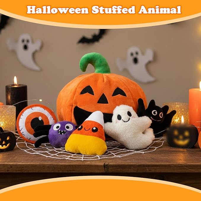 My First Halloween Baby Toys, Cuet Pumpkin Stuffed Animal Decor with Ghost Spider Bat Candy Corn Plush Toys and Small Mirror, Halloween Plush Gifts Basket Party Favors for Kids Babies Toddlers