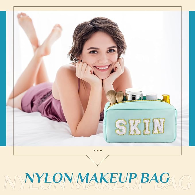 Preppy Makeup Bags Chenille Letter Stuff Bag Nylon Cosmetic Pouch Cases with Zipper for Women Travel Toiletry(Pastel Color,Classic,4 Pcs)