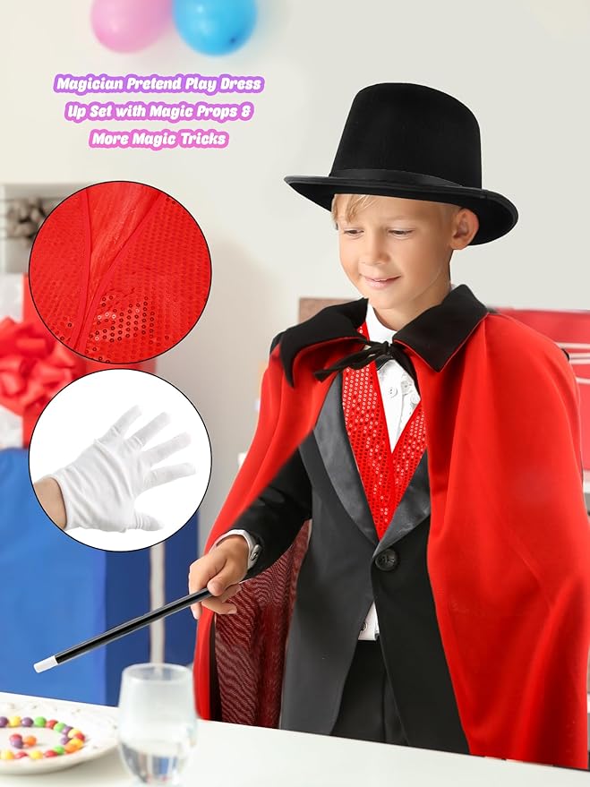5 Pcs Kids Magic Costume Set Include Magician Hat Cape Vest Wand Gloves Magic Dress Up Outfit for Halloween Pretend Play