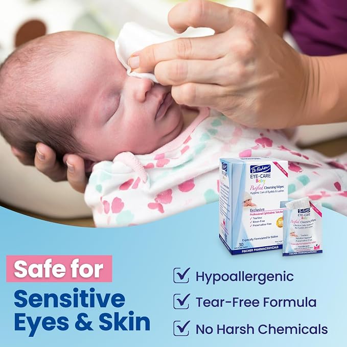 Dr. Fischer Baby Eye Wipes for Newborns & Toddlers - Sterile Eyelid Cleansing Wipes for Clogged Tear Ducts, Stye & Pink Eye - Tear Free, Hypoallergenic, Rinse Free - Pediatrician Recommended