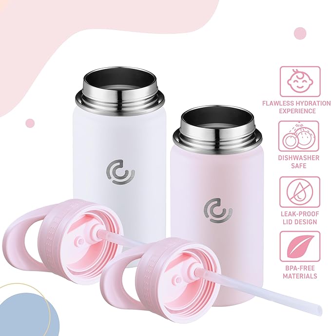 2 Pack Kids Water Bottle,14oz Stainless Steel Insulated Water Tumbler Leak-Proof,School Water Mug,Small and Portable,Suitable for Boys and Girls to Use(Pink + White)