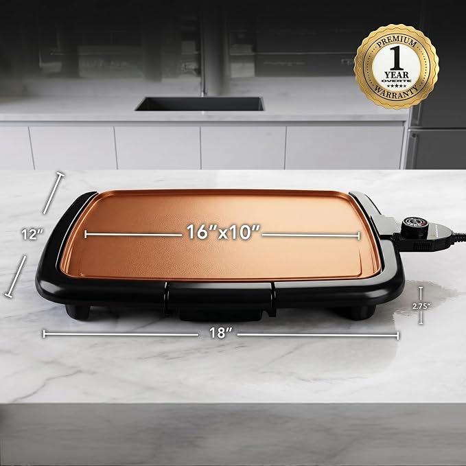 OVENTE Electric Griddle with 16 x 10 Inch Non-Stick Plate, Copper GD1610CO | Removable and Adjustable Temperature Control, Indoor Grill perfect for Instant Breakfast, Pancakes, Eggs or Burgers