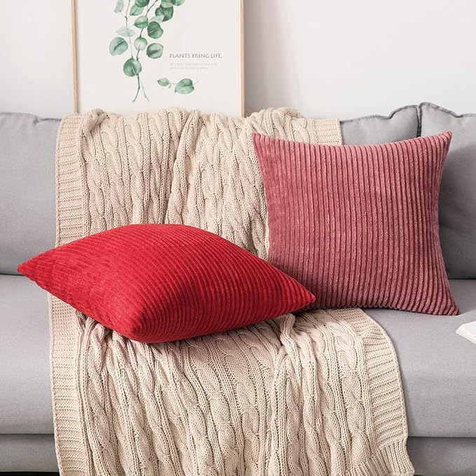 MIULEE Soft Corduroy Throw Pillow Covers Set of 2 20x20 Cranberry Red | Decorative Striped Textured Cushion Cases, Boho Energetic Vibe Pillowcases, Home Decor for Couch Chair Sofa Bed Living Room