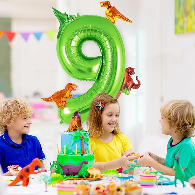 Dinosaur Green Number 9 Balloon, 40 Inch Big Large Foil Helium Green Number Balloon with 4 Pcs Mini Dinosuar, Dinosuar Mylar Balloons Set for 9 Year Old Birthday Party Decorations Supplies