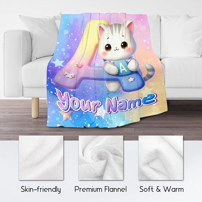 Custom Kids Blanket with Name, Cat Blankets Gifts for Girls Boys, Personalized Initial Throw for Daughter Son, 30"x40" Throws Monogram Gift for Couch, Office