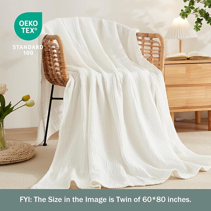 EMME Muslin Blankets for Adults Throw Blanket for Couch Breathable Gauze Soft Lightweight Airy White Throw XL 50" x 71"