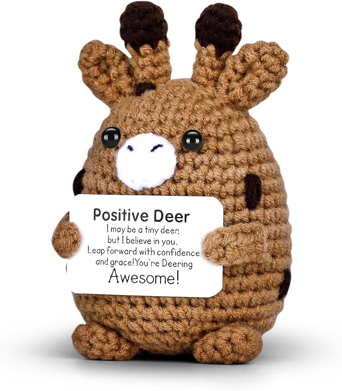 Positive Crochet Deer, Handmade Emotional Support Animals Plush Cute Stuff, Funny Inspirational Friendship Stress Relief Birthday Graduation Gifts for Women Teens Girls Coworkers Friends