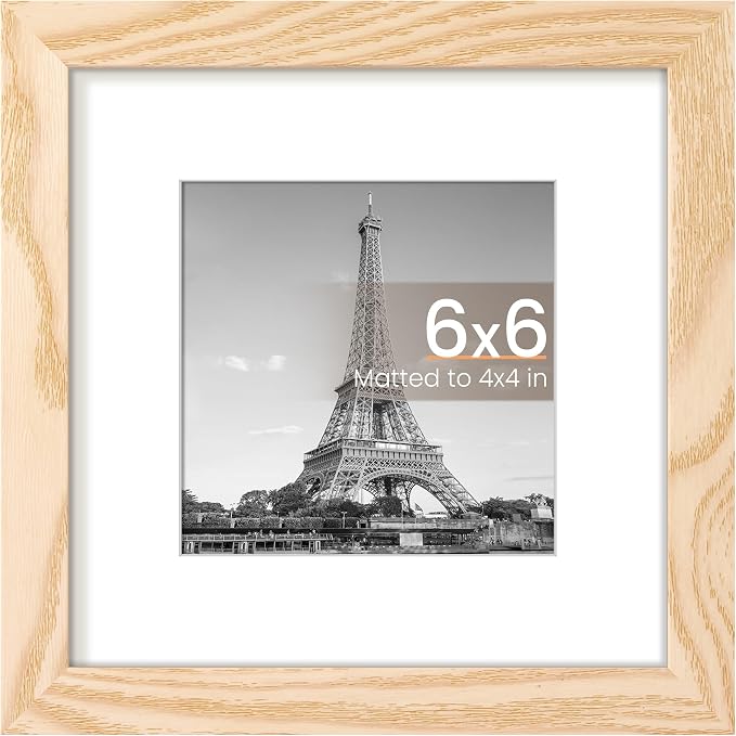 upsimples 6x6 Picture Frame, Display Pictures 4x4 with Mat or 6 x 6 Without, Wall Hanging Square Frames, Natural Style, 1 Pack