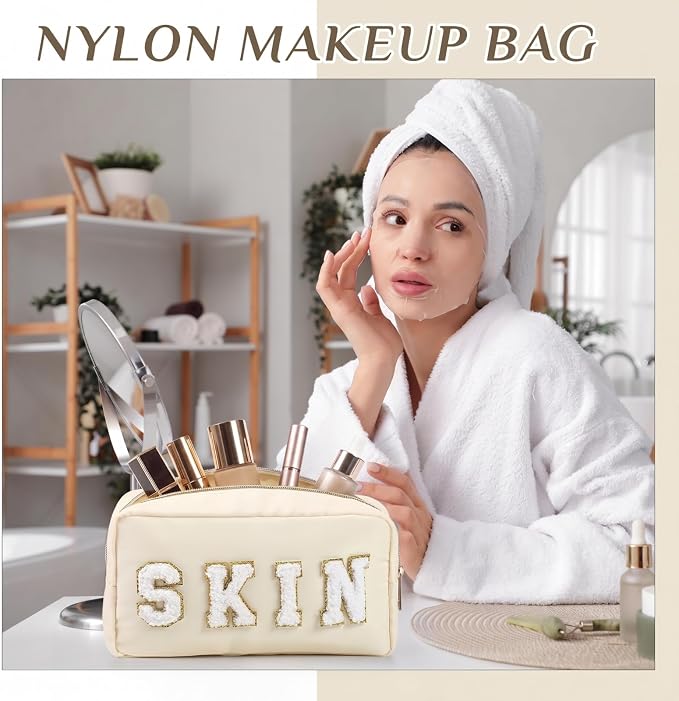 Preppy Makeup Bags Chenille Letter Stuff Bag Nylon Cosmetic Pouch Cases with Zipper for Women Travel Toiletry(Soft Pastel,Classic,4 Pcs)
