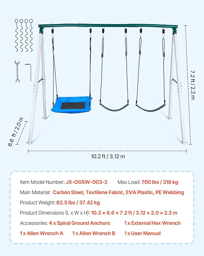 VEVOR Swing Set for Backyard, 45 x 30 in Swing Seat and Two Belt Seats, with Heavy Duty A-Frame Metal Stand, 700 lbs Load Capacity, Reinforced with Spiral Ground Anchors, Swingset Outdoor for Kids