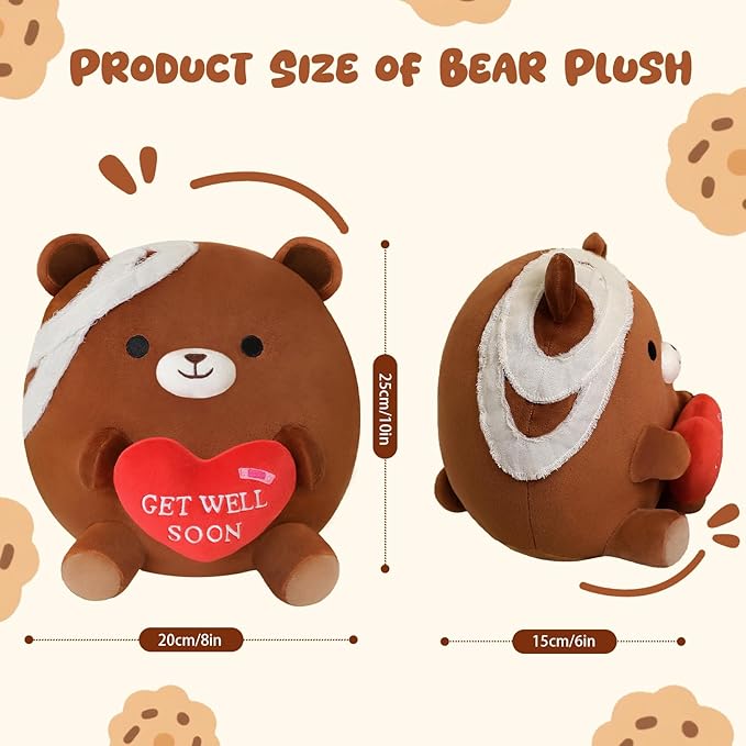 Get Well Soon Bear Plush, Cute Brown Bear Stuffed Animal, Soft Feel Better Gifts for Kids Women Men