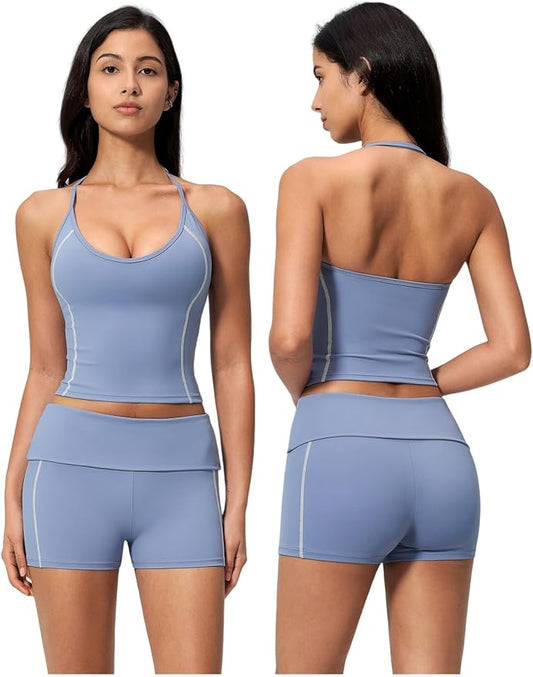 QBGJTD Women 2 Piece Workout Set Color Block Open Back Halter Top and High Waist Booty Lifting Shorts Yoga Outfit