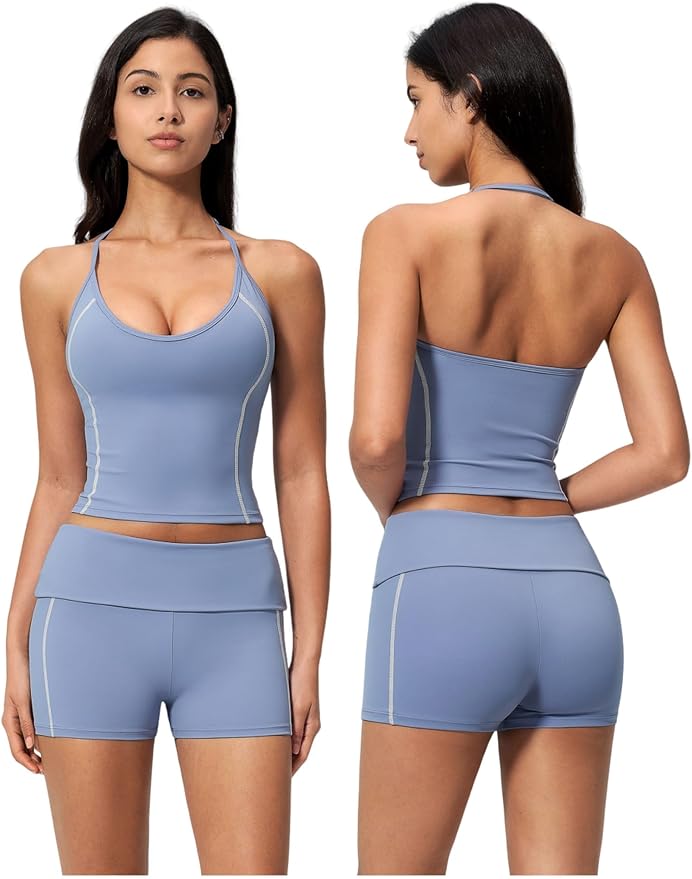 QBGJTD Women 2 Piece Workout Set Color Block Open Back Halter Top and High Waist Booty Lifting Shorts Yoga Outfit