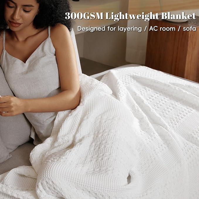 PHF 100% Cotton Waffle Weave Blanket Queen Size, Lightweight Breathable Summer Blanket for Hot Sleepers, Pre-Washed Soft Layer for Bed, Couch, Aesthetic Home Decor & Gift, 90"x90", White