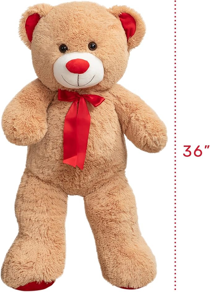 Big Teddy Bear Stuffed Animal Giant Teddy Bear Plush with Red Ribbon Bow Plush Toy Gift for Girlfriend Birde 36 inch Tan