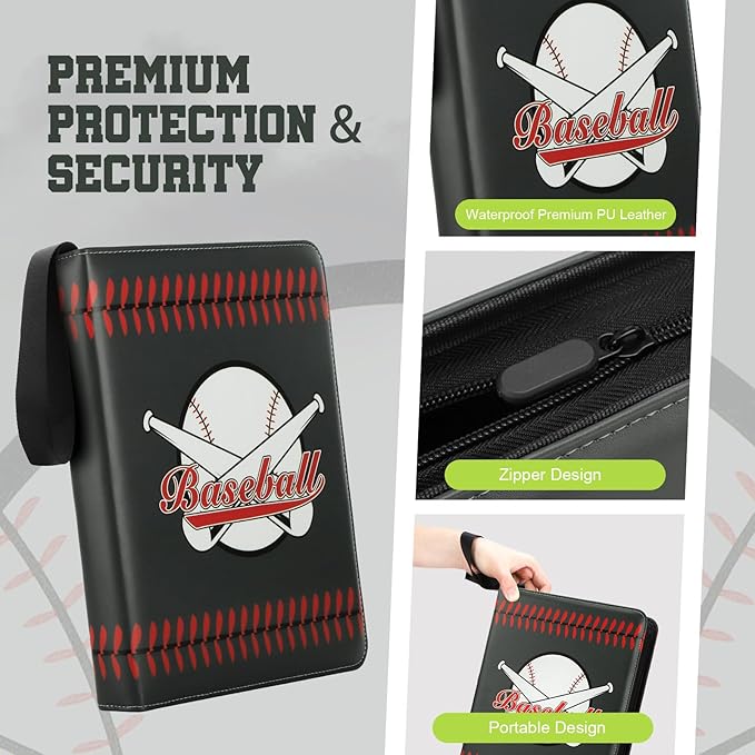 Trading Card Binder with Sleeves 9 Pocket Premium 720 Double Sided Pocket PU Card Collection Binder, Collectible Albums Card Folder for MTG, TCG, Sports Cards（9-Black Baseball）