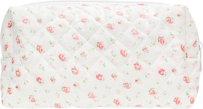 PAZIMIIK Small Quilted Makeup Bag,Zipper Cosmetic Pouch,Gauze Rose | Lightweight Cosmetic Bag Organizer for Women,Purse Storage Holds Makeup,Toiletries,Skincare,Beauty Essentials,Travel Items