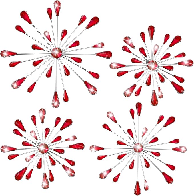 Hicarer 4 Pcs Starburst Wall Decor Bling Wall Art Crystal Teardrop 3D Hanging Rhinestone Radial Metal Artwork Modern Accent Sculptures Decorations for Living Room Home Office Bedroom (Red)