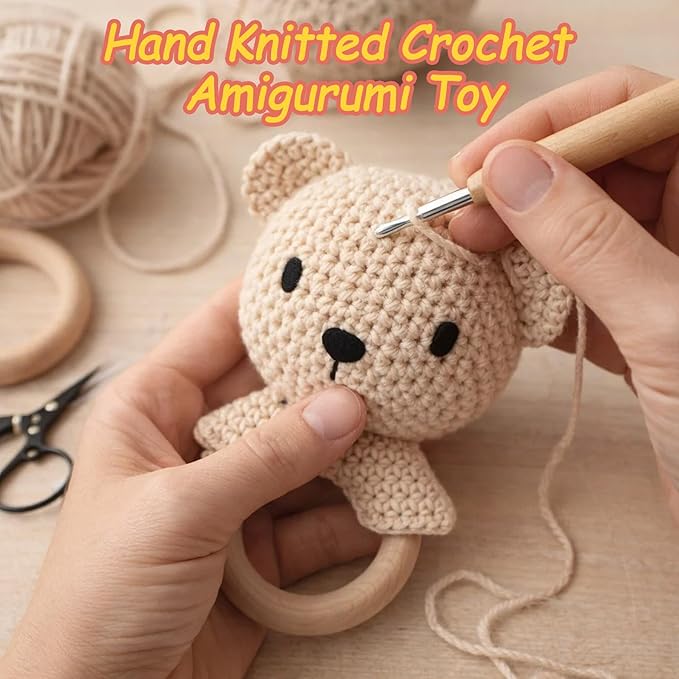 Teddy Bear Baby Rattle Toy 0-6 Months Crochet Knitted Plush Stuffed Animal Teether Natural Wood Ring Cute Bear Baby Gift Gentle Sound Shaker for Newborn Infant Crib Soothing Sleep Aid Gift