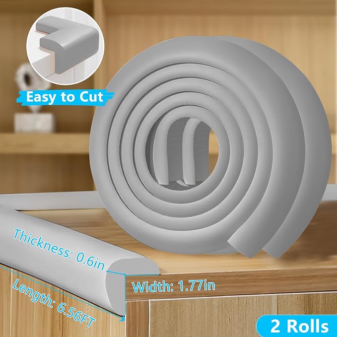 ZOMPAGO Baby Edge Protector 2 Roll (13FT) Corner Guards - Grey Foam Furniture Corner Protectors - Baby Proof Corners and Edges for Table, Wall, Bed Frame - Baby Proofing Safety Bumpers