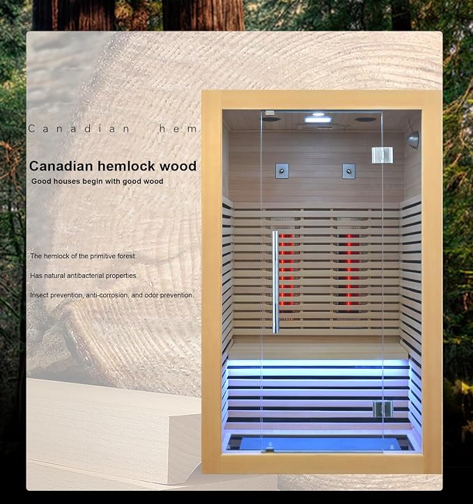 Wooden Infrared Sauna Room, Canadian Hemlock Low EMF, 2-3 Person 1832W Personal Home Spa Carbon Heater Sauna Full Spectrum Sauna Room