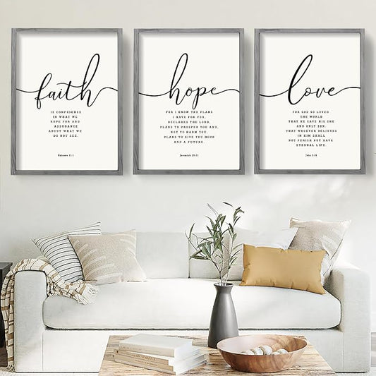Houmury Set of 3 Framed Farmhouse Bible Verses Wall Decor Sign 11”x14” Christian Faith Scripture Wall Art for Home Bedroom Wall Decor (11"x14" Grey)