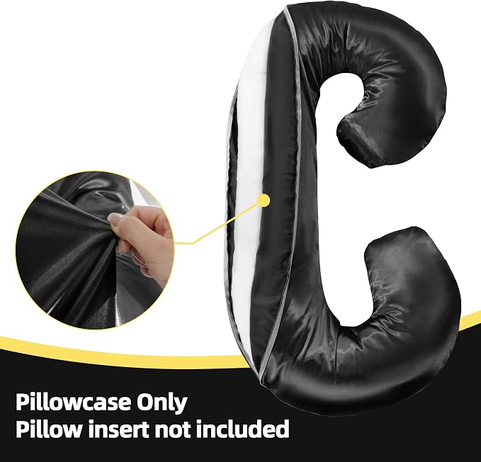 BALAPET Silky Satin Pregnancy Pillow Cover (ONLY Pillowcase), C Shaped Large Luxurious Smooth Maternity Pillow Cover with Hidden Zip, Soft & Breathable Pillow Protector for Side Sleeper, Black