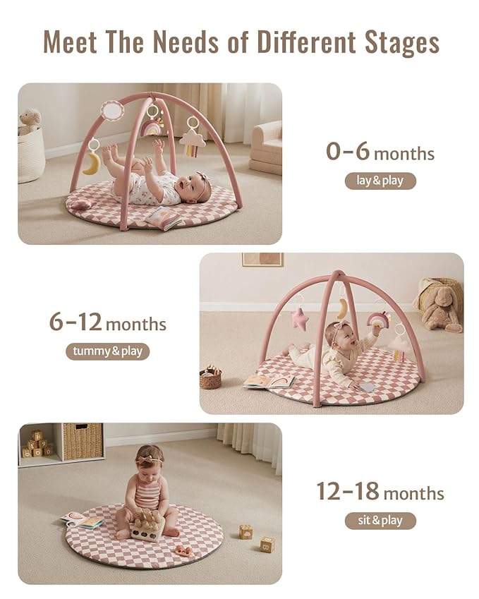 Blissful Diary Baby Play Gym Mat, Play Mat Activity Mat with 6 Detachable Toys for Stage-Based Sensory & Motor Skill Development, Easy to Install & Clean, Baby Essentials Gift, Blush Checkered