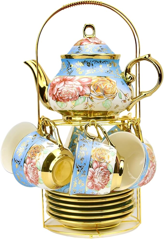 20 Pieces Porcelain Tea Set With Metal Holder, European Ceramic tea set for adults,Flower Tea Set,Tea Set For Women With Flower Painting