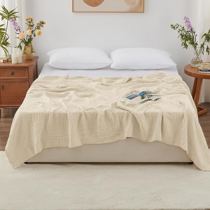 Love's cabin 100% Cotton Muslin Blanket, 6 Layer Lightweight Breathable Gauze King Size Blanket 108 x 90 Inches, Soft Summer Blanket for Bed, Beige