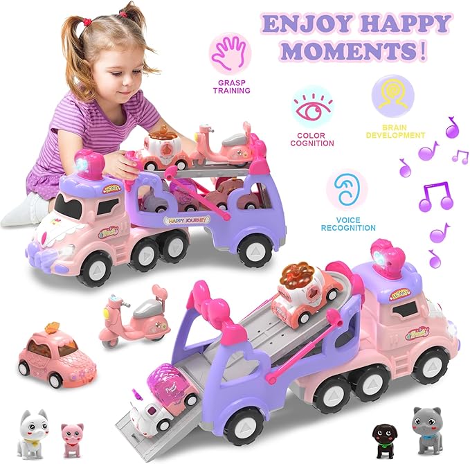 Car Toys for 2 3 4 5 6 7 Year Toddler Girl,Princess Carrier Truck with Sound & Lights,Christmas Birthday Gifts for Kids Girls Age 3-12