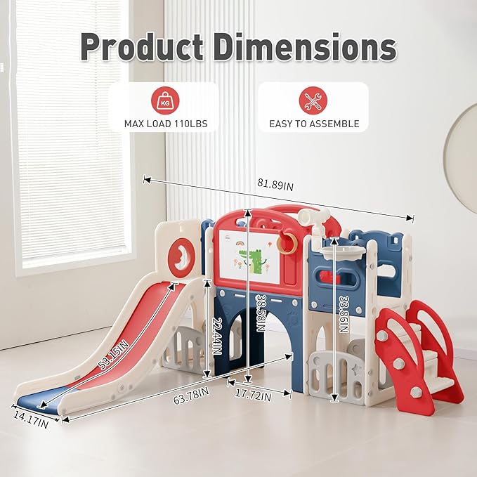 Outdoor Toddler Playset with Slide Set,Indoor Playground for Toddlers 1-3, Climber Play Set with Telescope Basketball Hoop,Tunnel Playhouse and Jungle Gym