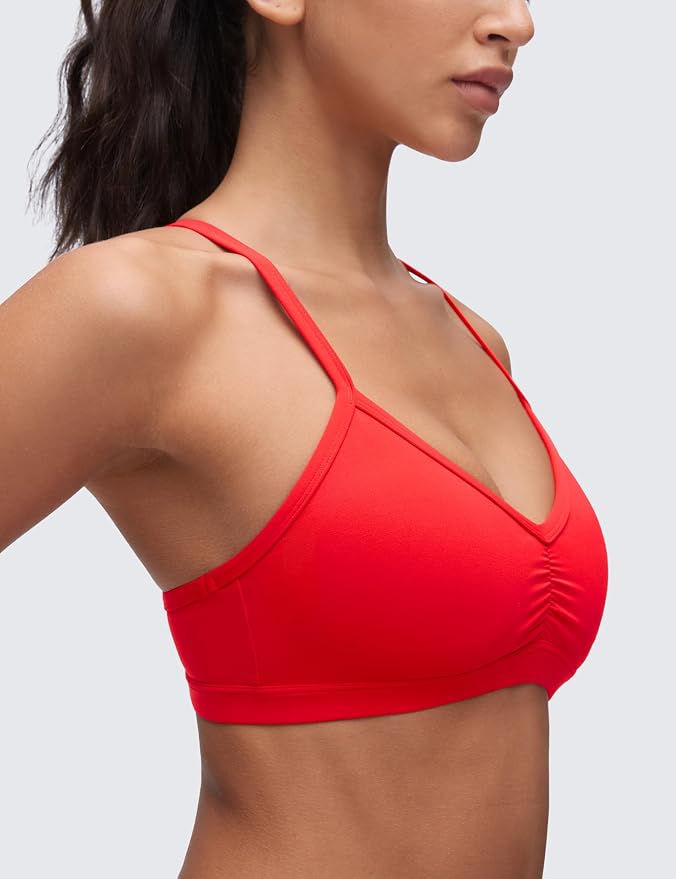 CRZ YOGA Butterluxe Ruched Sports Bras for Women - V Neck Spaghetti Thin Strap Y Back Wireless Padded Yoga Crop Top