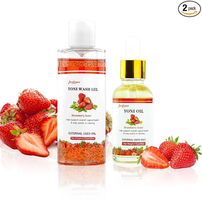 forvirness Natural Feminine Wash Yoni Wash Yoni Oil Set, Cleanse - Remove Odor - pH Balance for Women, 1 fl.oz Feminine Oil & 6.7 fl.oz Intimate Wash with Cleaning Factor - Strawberry Scent