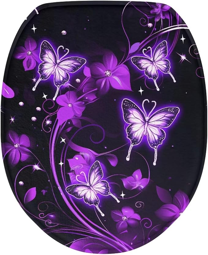 Purple Butterfly Toilet Seat Cover Elongated for Bathroom Neon Butterfly Oval Toilet Seat Cover with Elastic Band Bathroom Butterflies Dust Cover Replacement,Easy to Clean