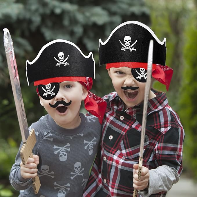 Halatool 12 Set Pirate Accessories for Kids, Include 12 Felt Pirates Hats with 12 Eye Patches and 12 Mustaches, Pirate Costume Accessories for Halloween, Masquerade, Cosplay, Party Favors Decor