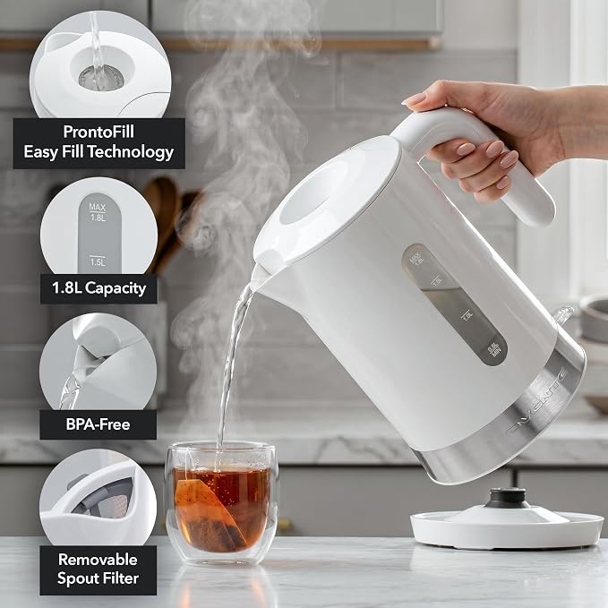 OVENTE 1.8L Electric Kettle, 1500W Fast Boiling Heater for Coffee or Tea, BPA Free, Easy to Fill Lid, Water Level Window, Auto Shut-Off, Boil-Dry Protection and Removable Filter, White KP413W