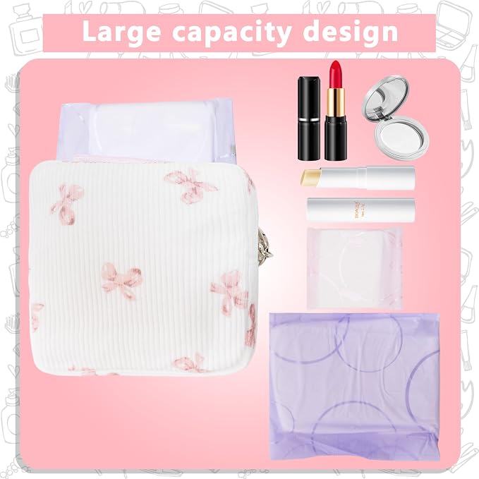 Period Bag for Girls, Corduroy Sanitary Napkin Storage Bag, Period Pouch & Tampon Holder, Feminine Care Organizer（Pink Bow）